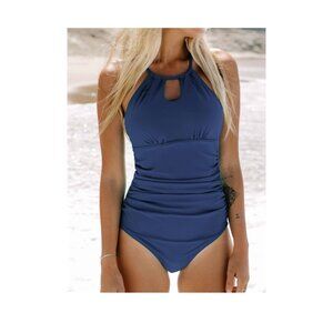 Cupshe - 1 pc. High Neck Tummy Control Lace up Back Swimsuit - Yale Blue - Large